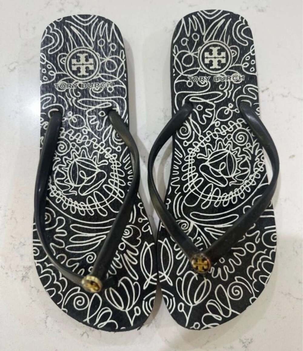 Tory Burch Flip Flop Black Doodle Flower